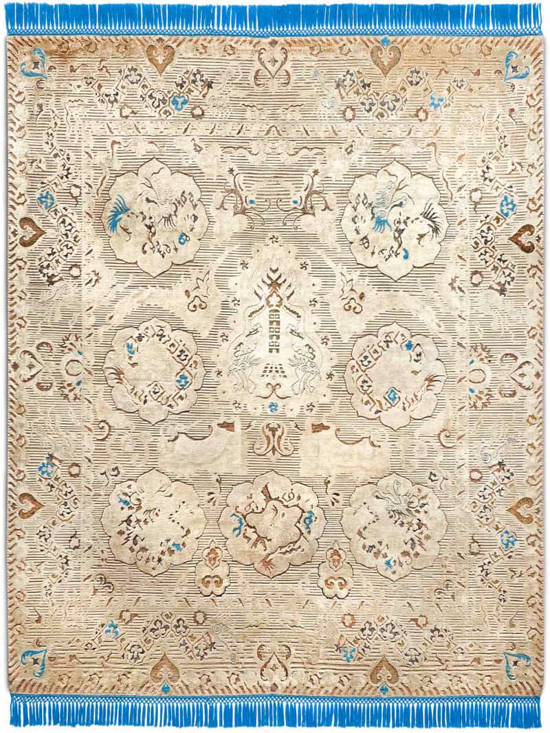 Dragon blauw beige handgeknoopt tapijt | Maat: 305 × 427 cm