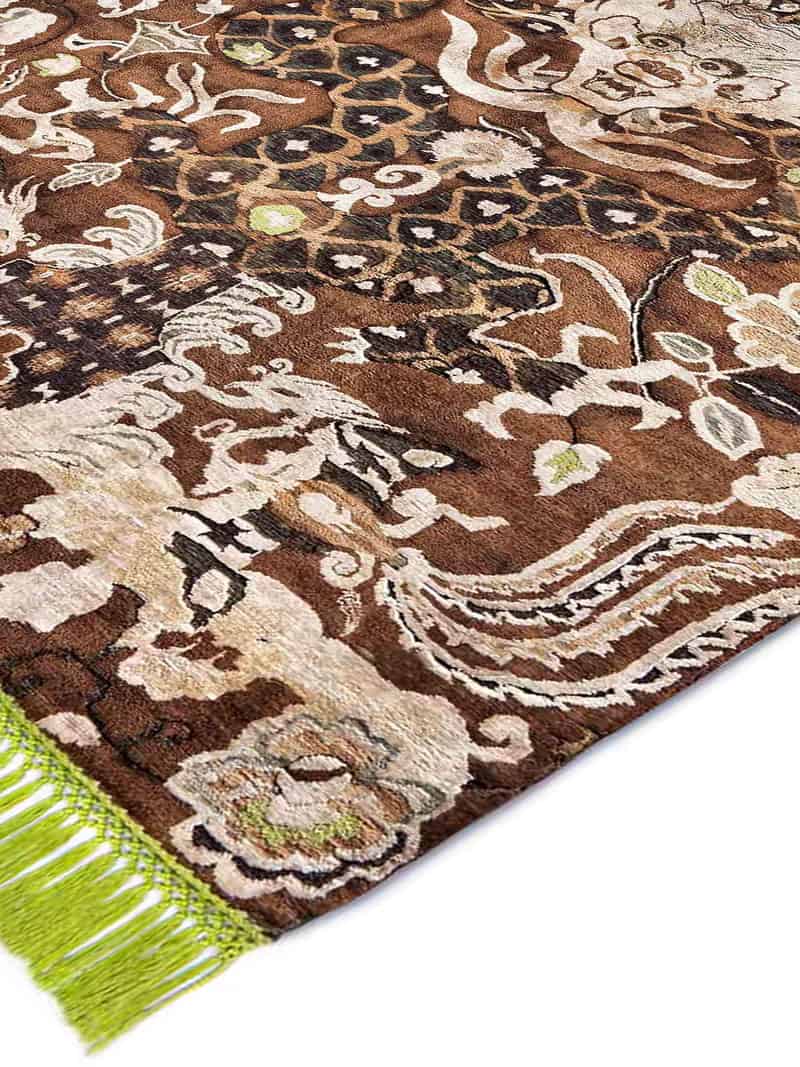 Tapis noué à la main Dragon vert beige | Taille: 274 × 365 cm