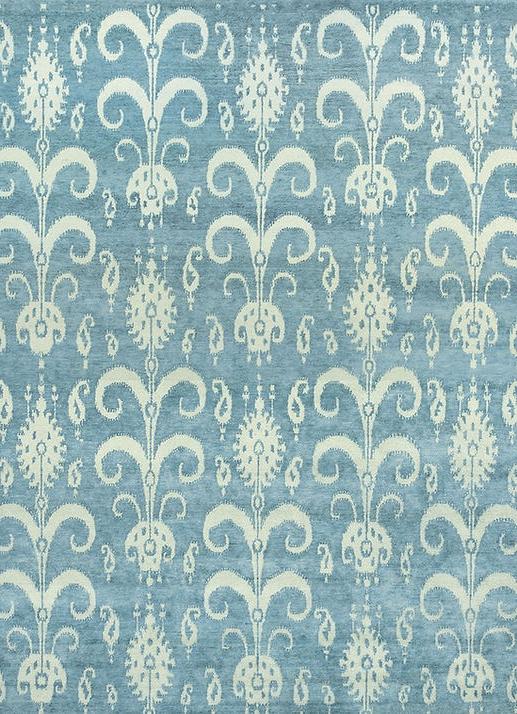 Tapis noué à la main Ikat laine bleu