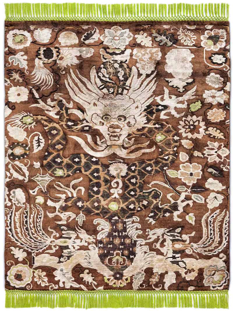 Tapis noué à la main Dragon vert beige | Taille: 274 × 365 cm