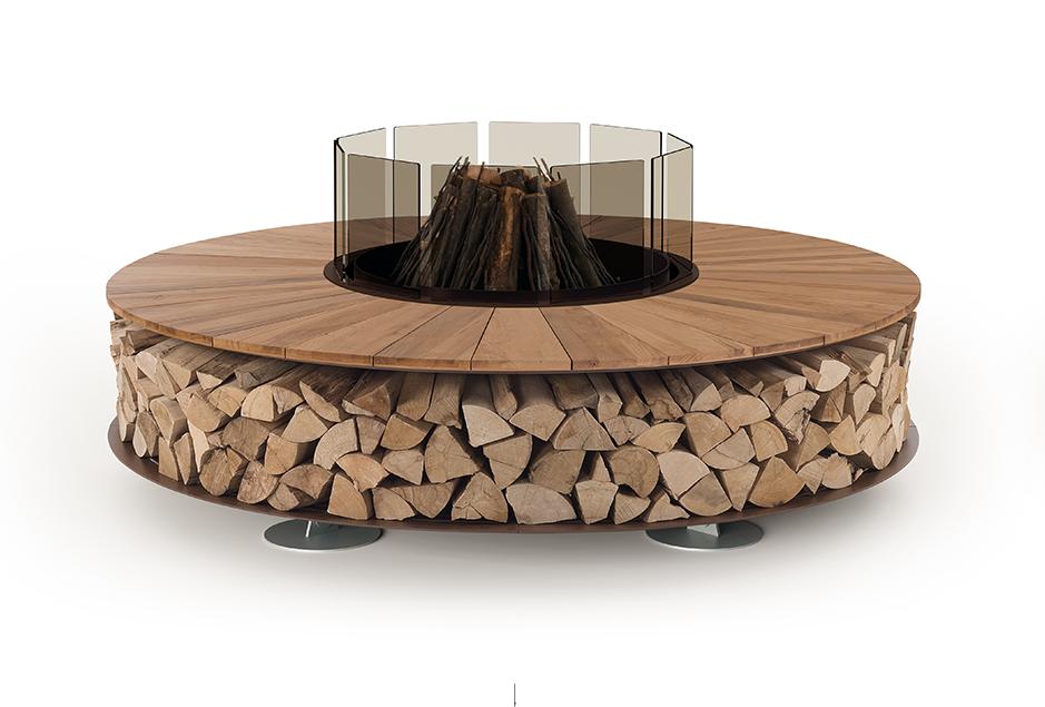 Zero hout vuurplaats | Afwerking: Oud hout | Afmetingen: Ø 200 cm