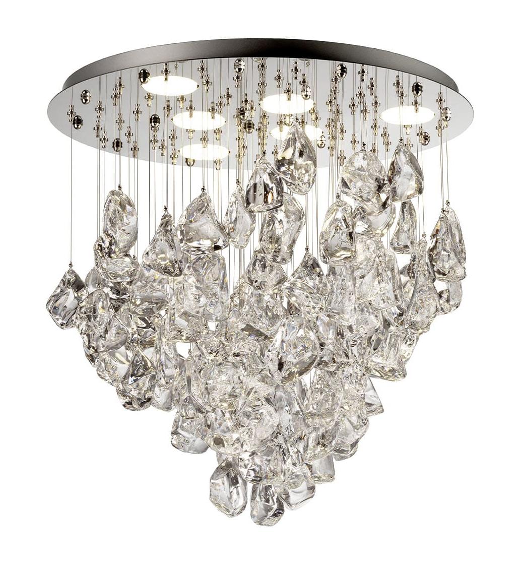 Lustre cascade en cristal avec réflecteur en acier poli