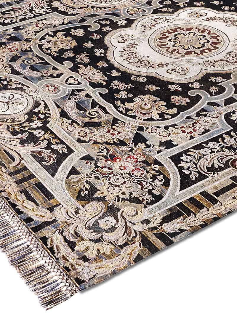 Tapis tissé main Aubusson noir | Taille: 365 × 457 cm