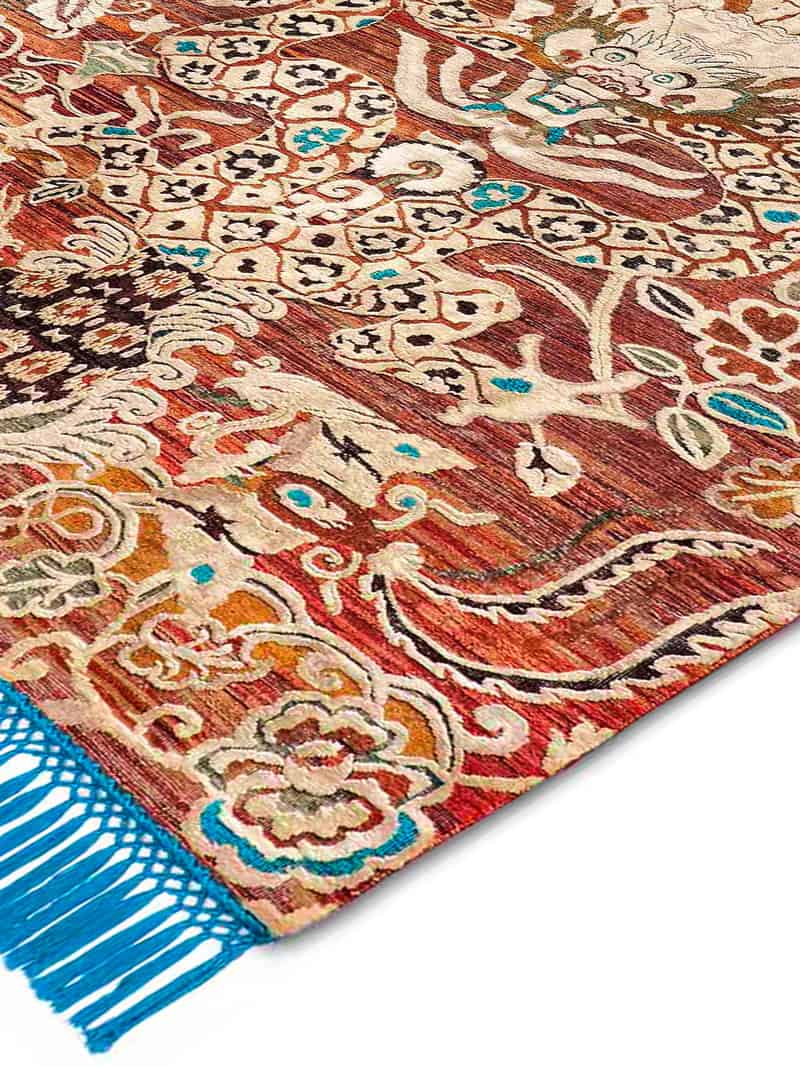 Tapis noué à la main Dragon bleu rouge | Taille: 122 × 183 cm
