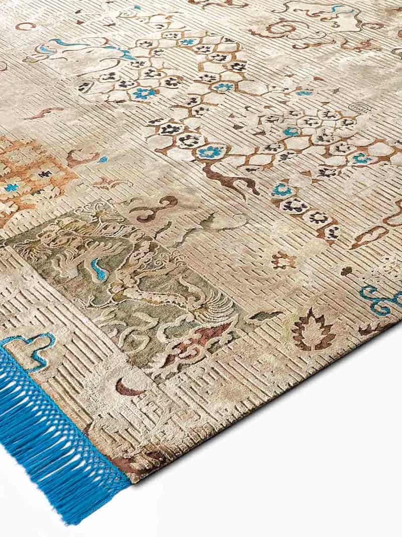 Dragon blauw beige handgeknoopt vloerkleed