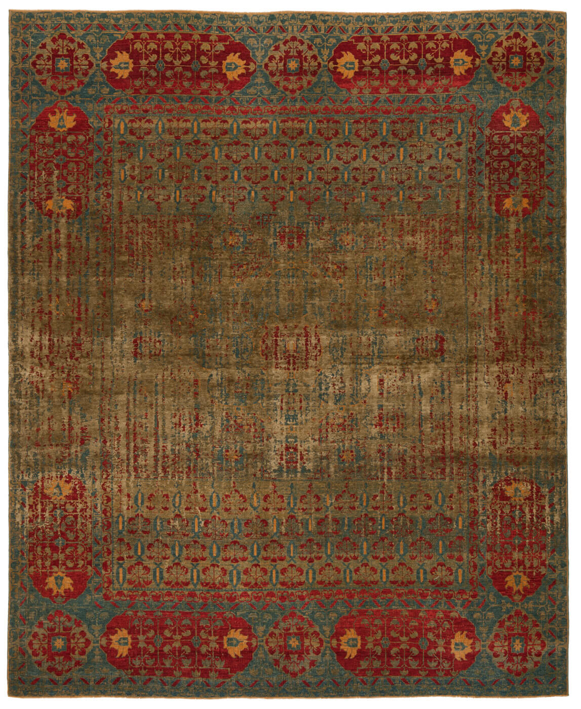 Tapis Mamluk Kensington Double Vendetta bleu Mehndi en soie