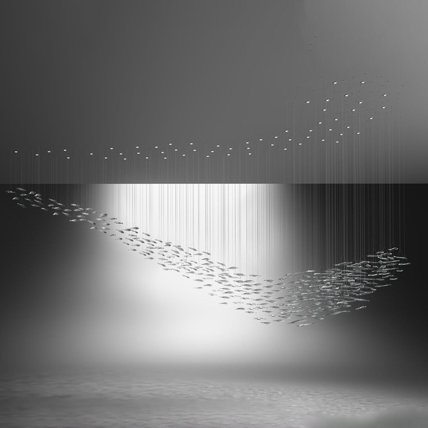 Lustre cascade en feuilles de verre