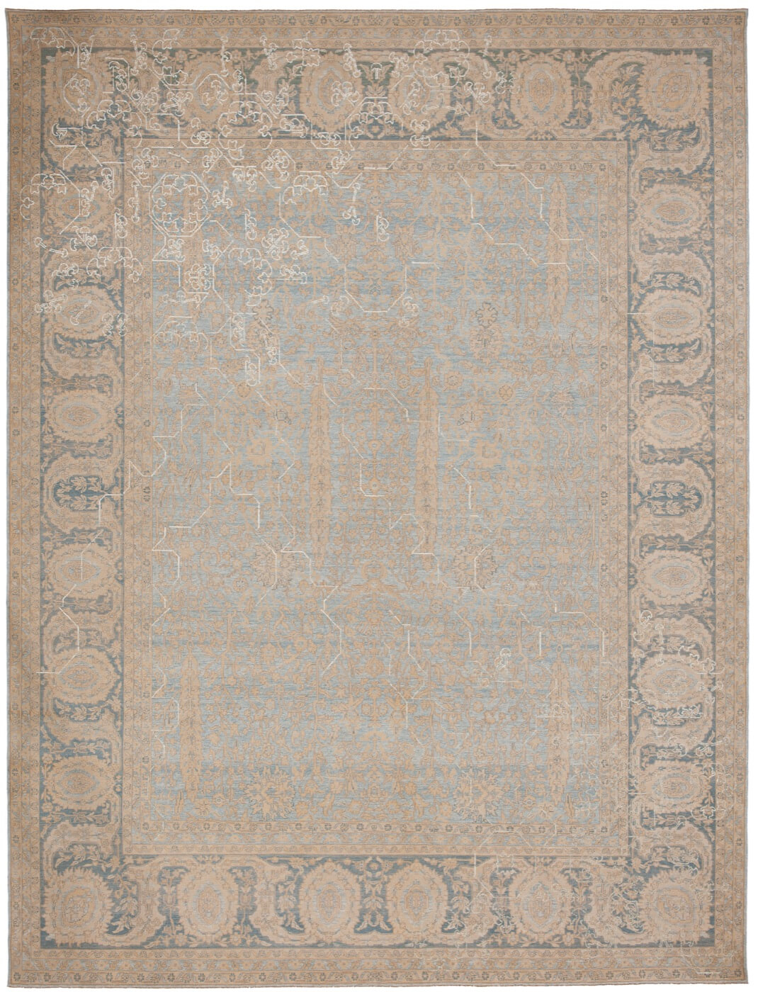 Tapis Tabriz Wooster Sekizgen 2 bleu ciel gris argenté en soie | Taille: 250 × 300 cm