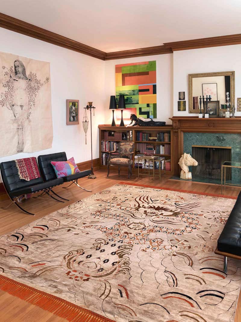Tapis noué à la main Dragon orange crème