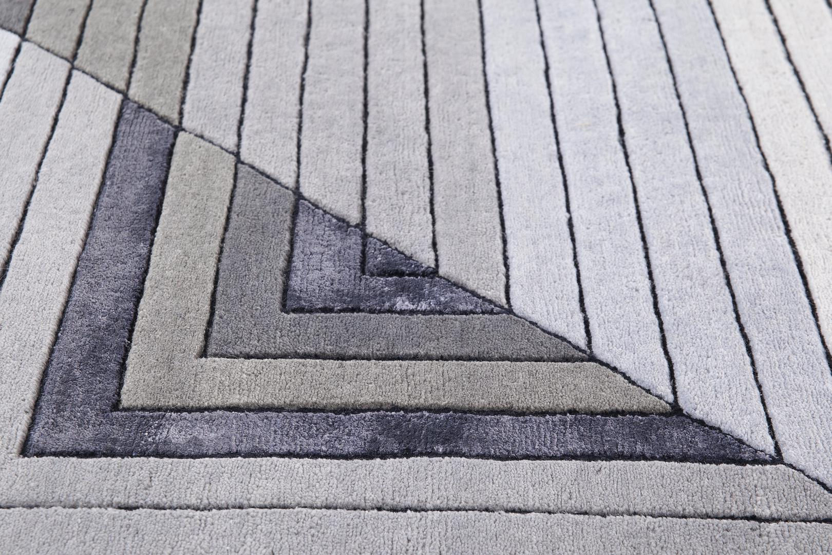 Tapis noué à la main géométrique gris laine & viscose