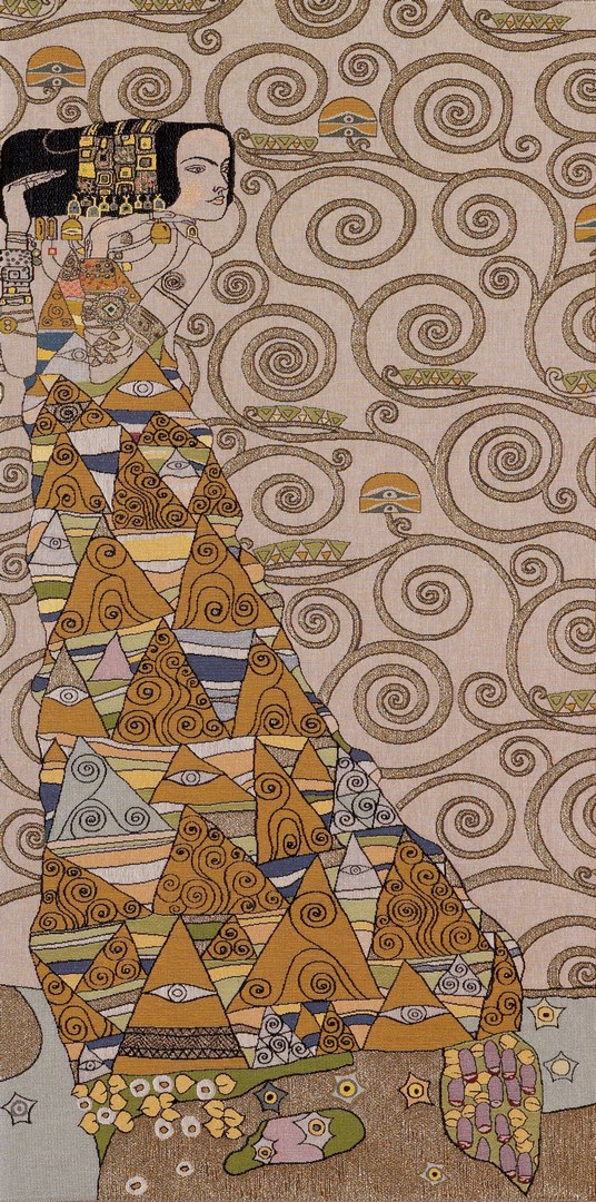 De dame van Klimt beige links wandtapijt | Maat: 75 × 150 cm De dame van Klimt beige links wandtapijt | Maat: 75 × 150 cm