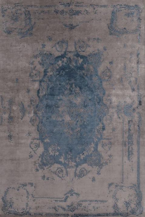 Tapis noué à la main en soie de bambou bleu
