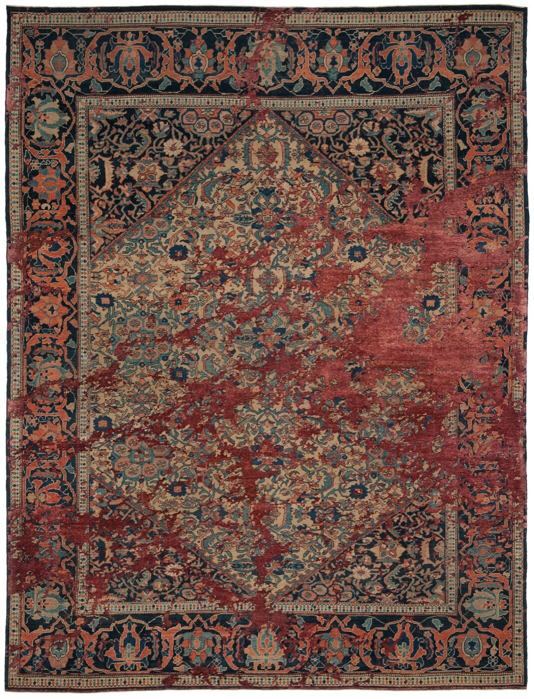 Tapis Serapi Queensbury Sky jaune brun rouge en soie | Taille: 250 × 300 cm