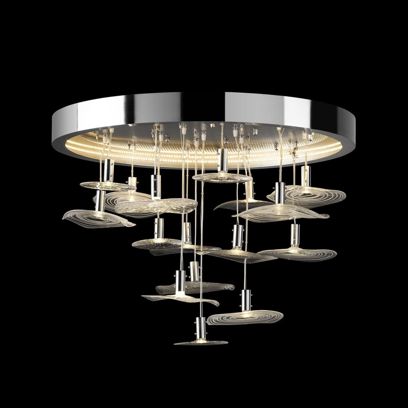Ronde chroom kroonluchter met Murano glas