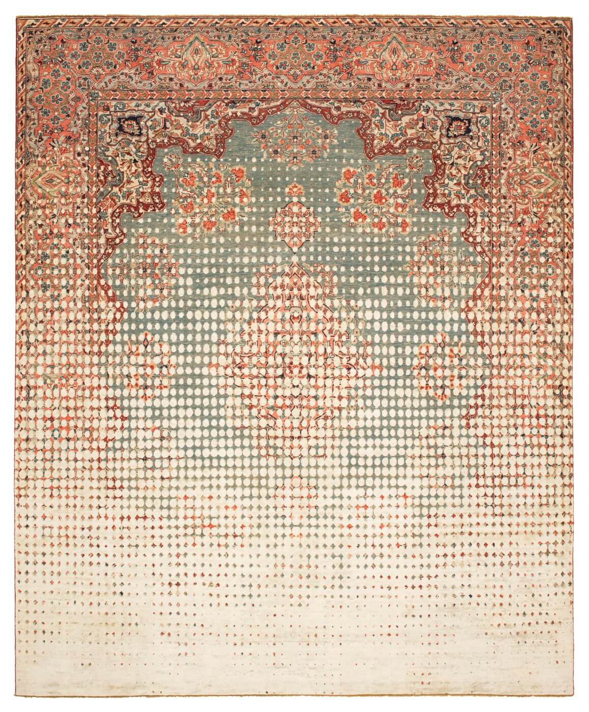 Tapis Kirman Robson Point Vendetta bleu gris argenté en soie