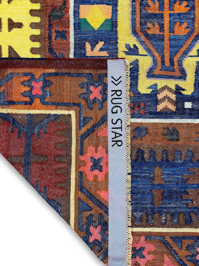 Flatweave blauw rood handgemaakt luxe vloerkleed