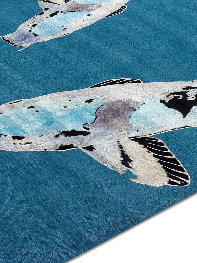 Tapis de luxe noué à la main Fish bleu sur turquoise