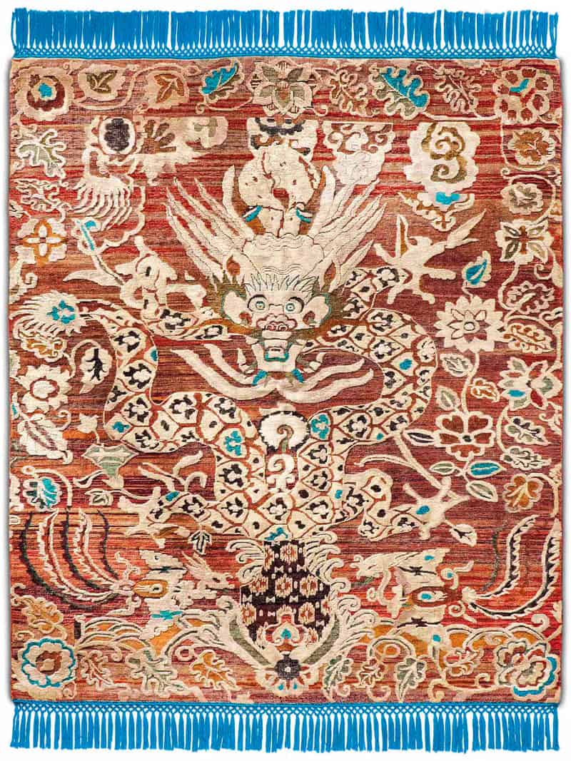 Tapis noué à la main Dragon bleu rouge | Taille: 140 × 210 cm