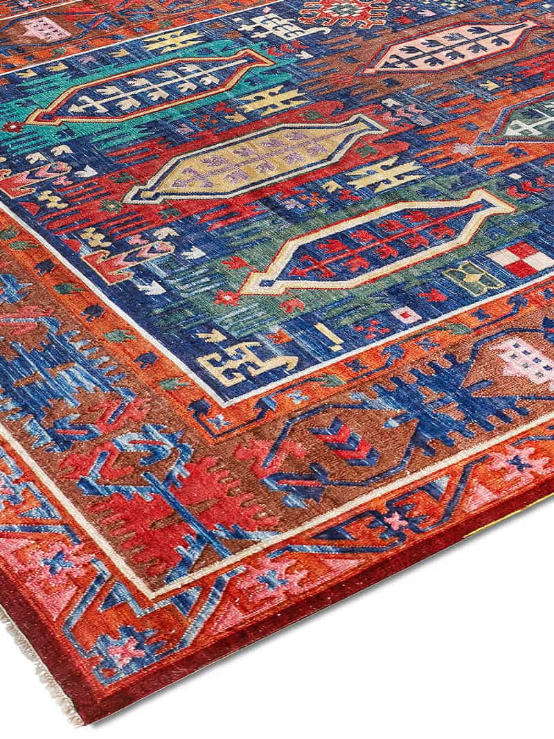 Tapis de luxe fait main Flatweave bleu rouge | Taille: 250 × 300 cm