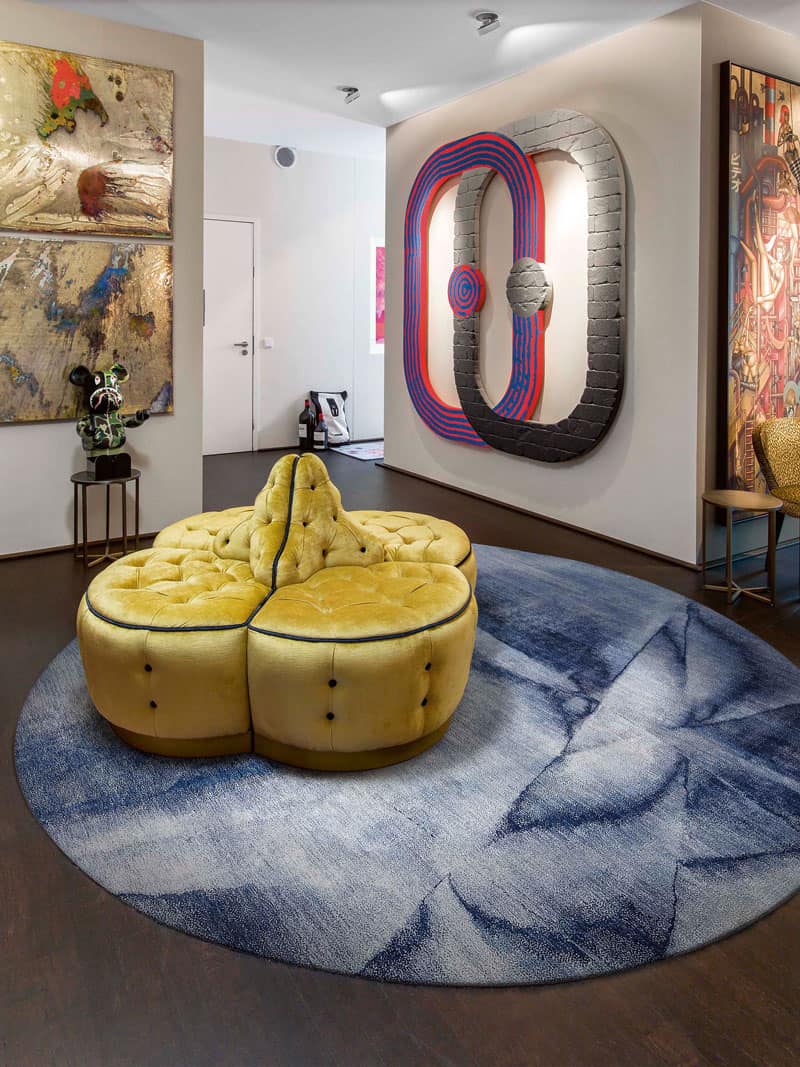 Rond marineblauw handgeknoopt vloerkleed