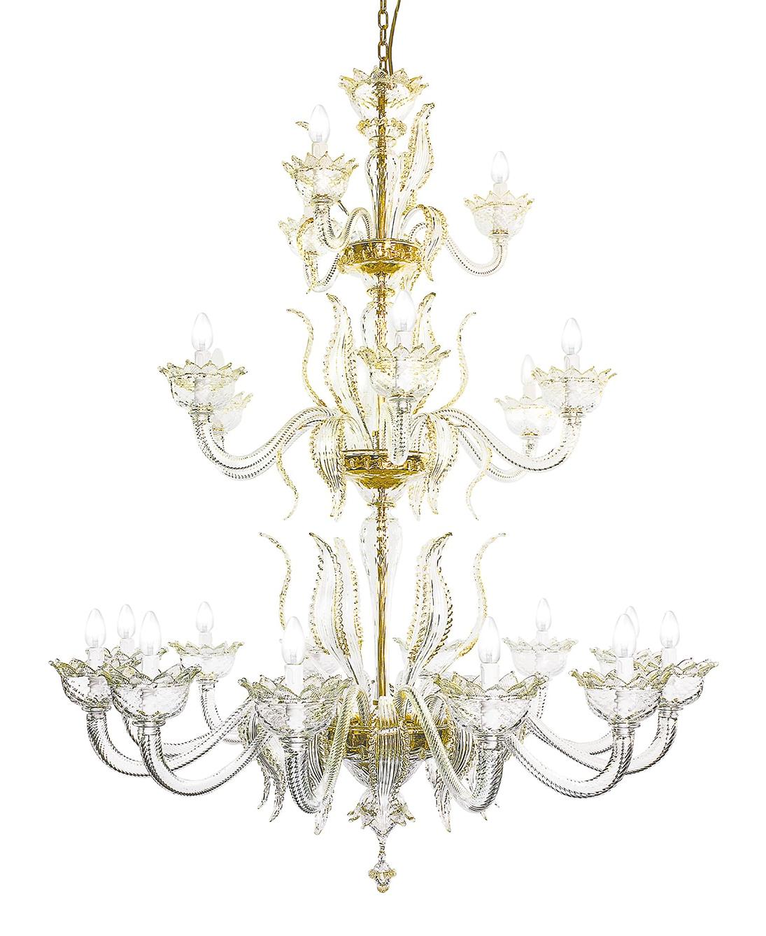 Lustre en verre de Murano doré 21 lumières multi-niveaux
