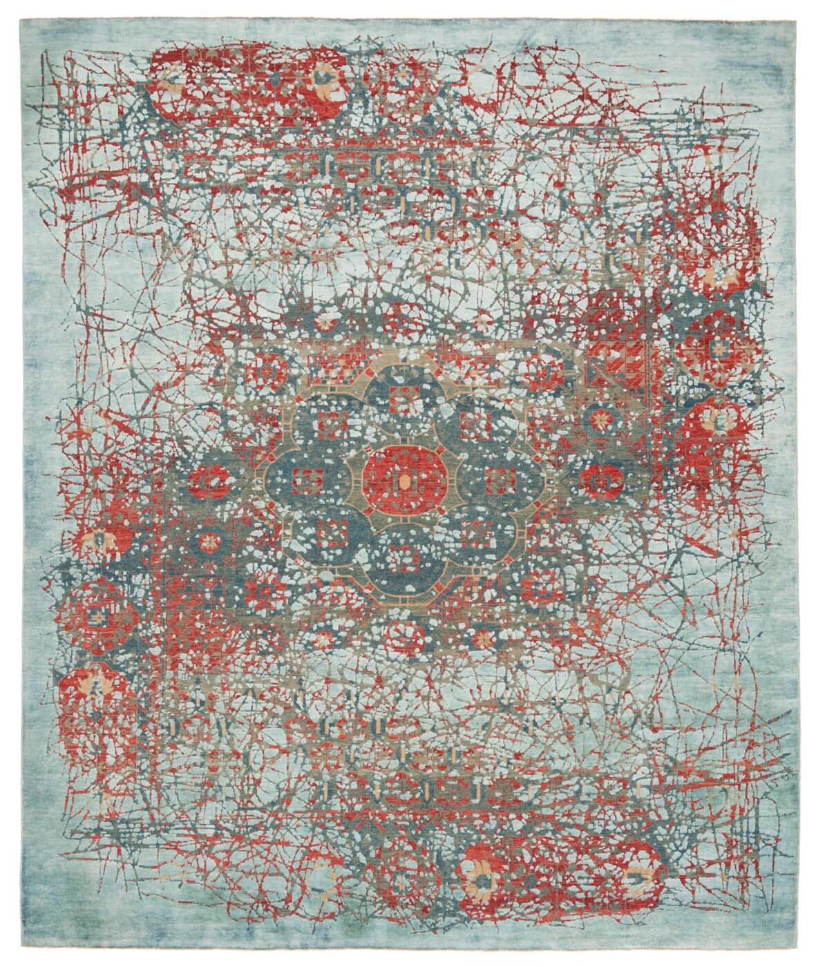 Mamluk Kensington Pleasure rood blauw zijden vloerkleed | Maat: 250 × 300 cm