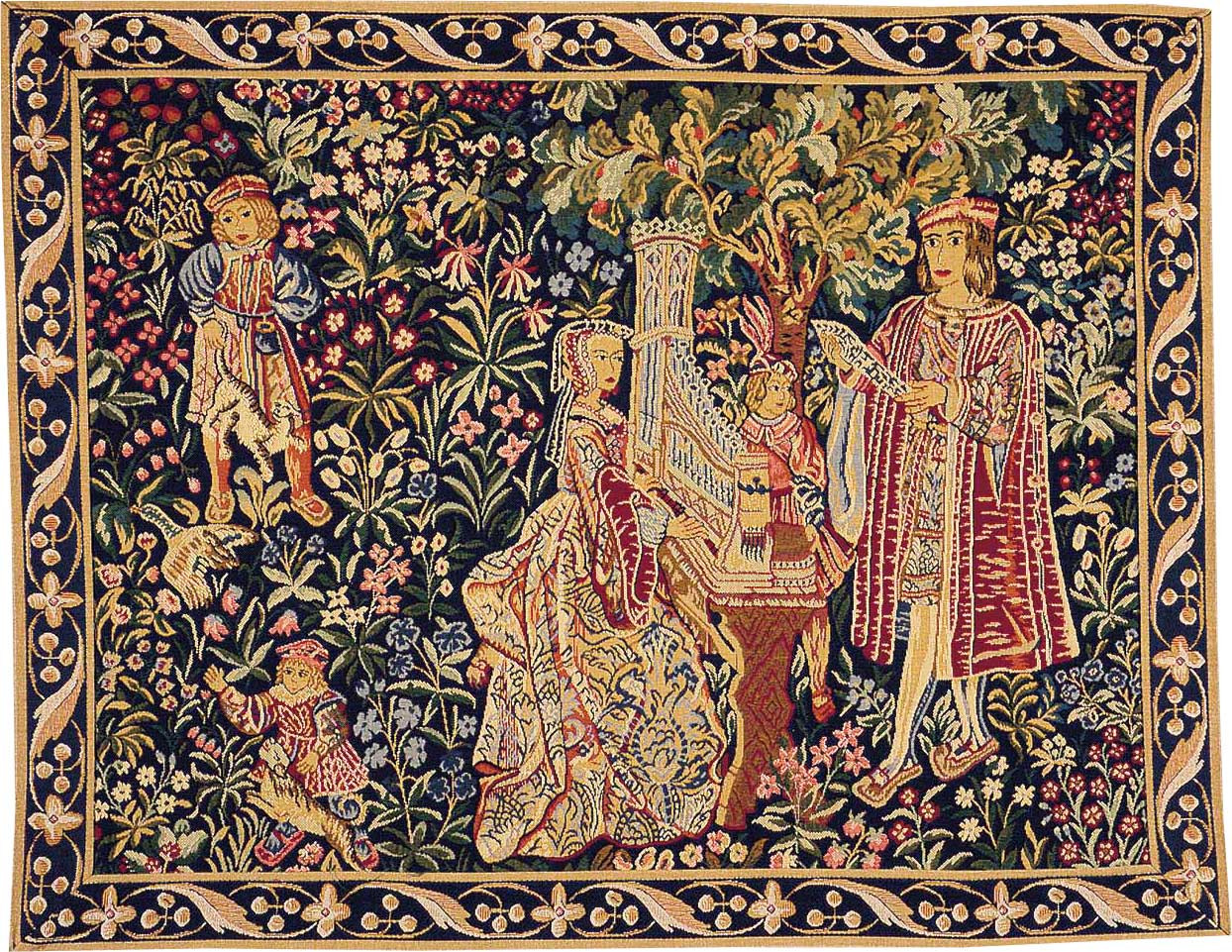 Dame met orgel met rand wandtapijt | Maat: 75 × 100 cm