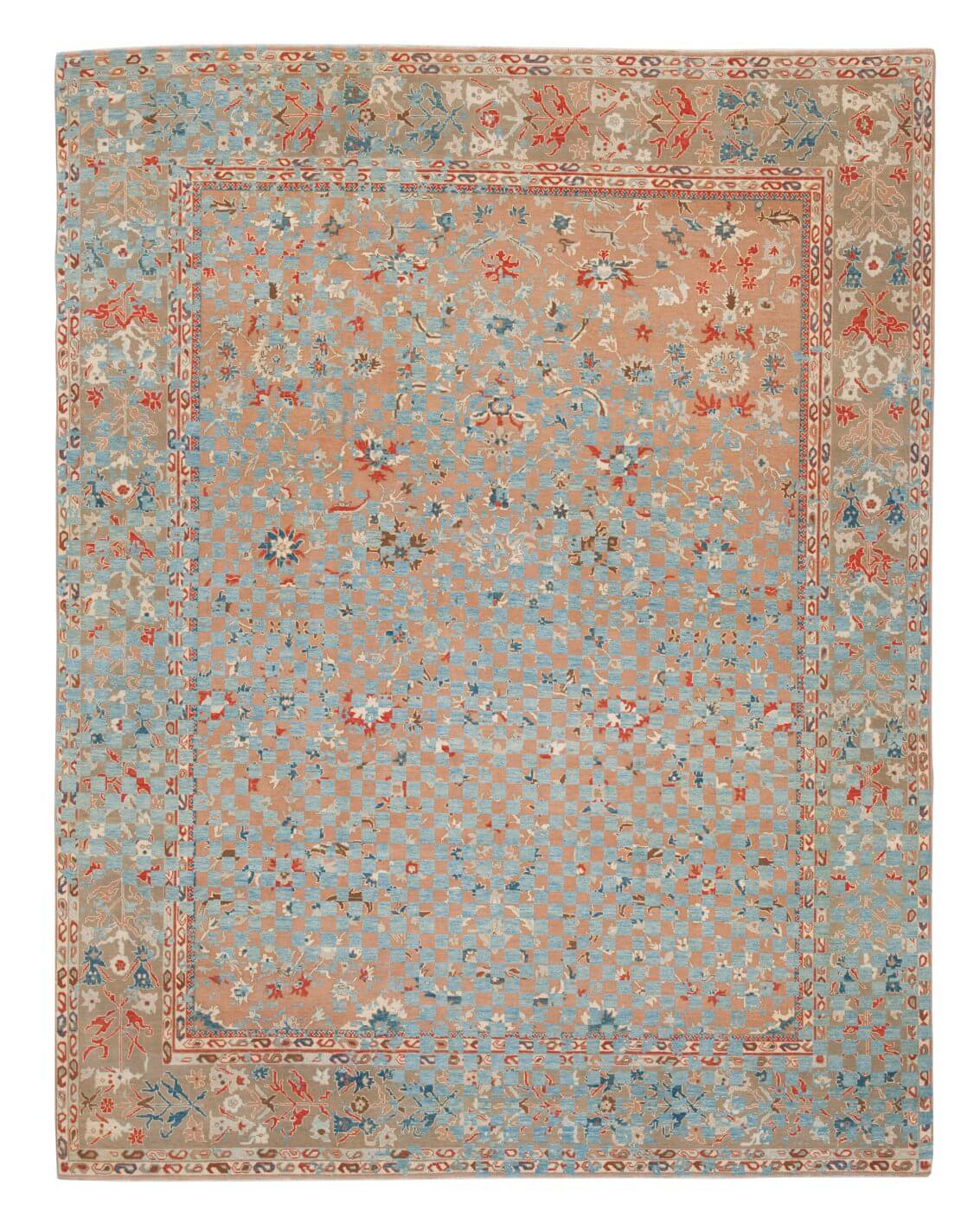 Sulthanabad Madison Checker Raved perzik blauw tapijt | Maat: 200 × 300 cm