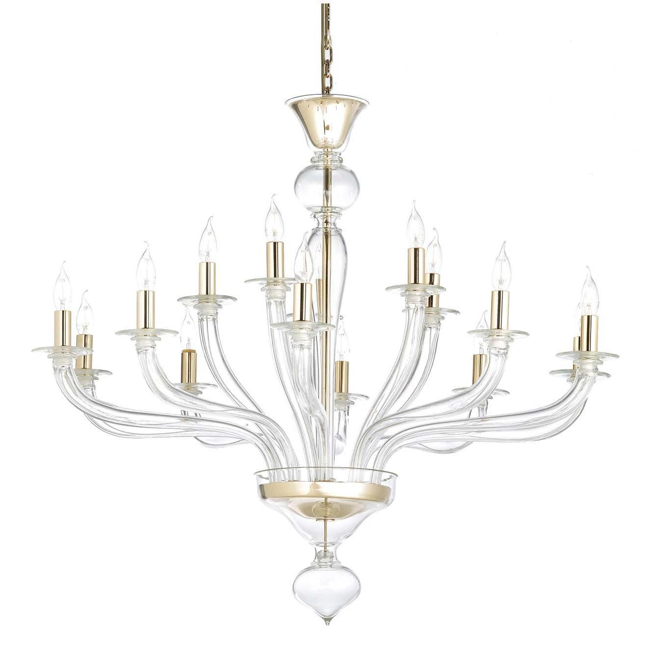Murano heldere glazen kroonluchter met gouden afwerking