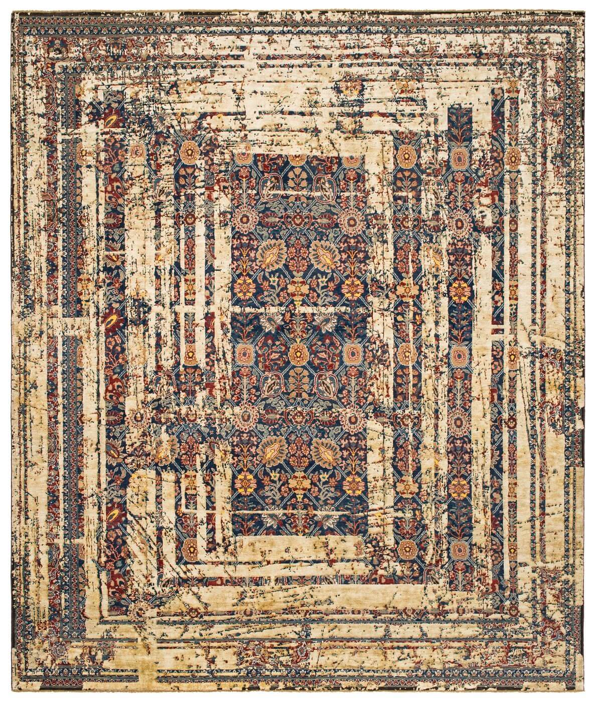 Tabriz Canal Frame marineblauw gebroken wit zijden vloerkleed