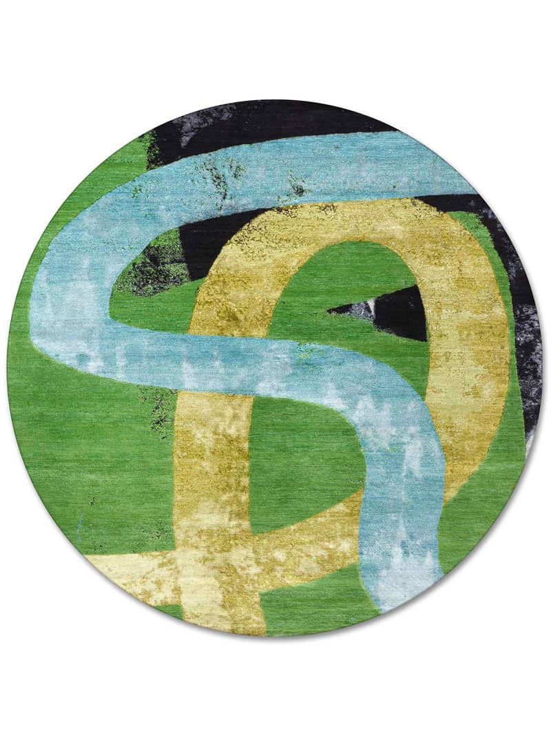 Rond Original groen geel handgeweven vloerkleed