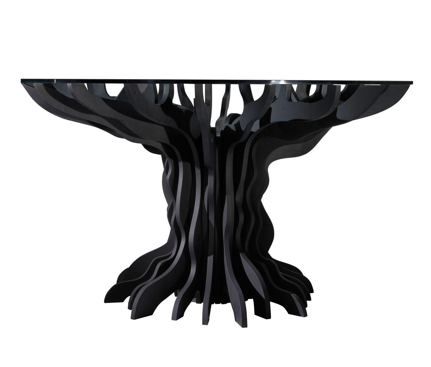 Zwarte houten eettafel met glazen blad