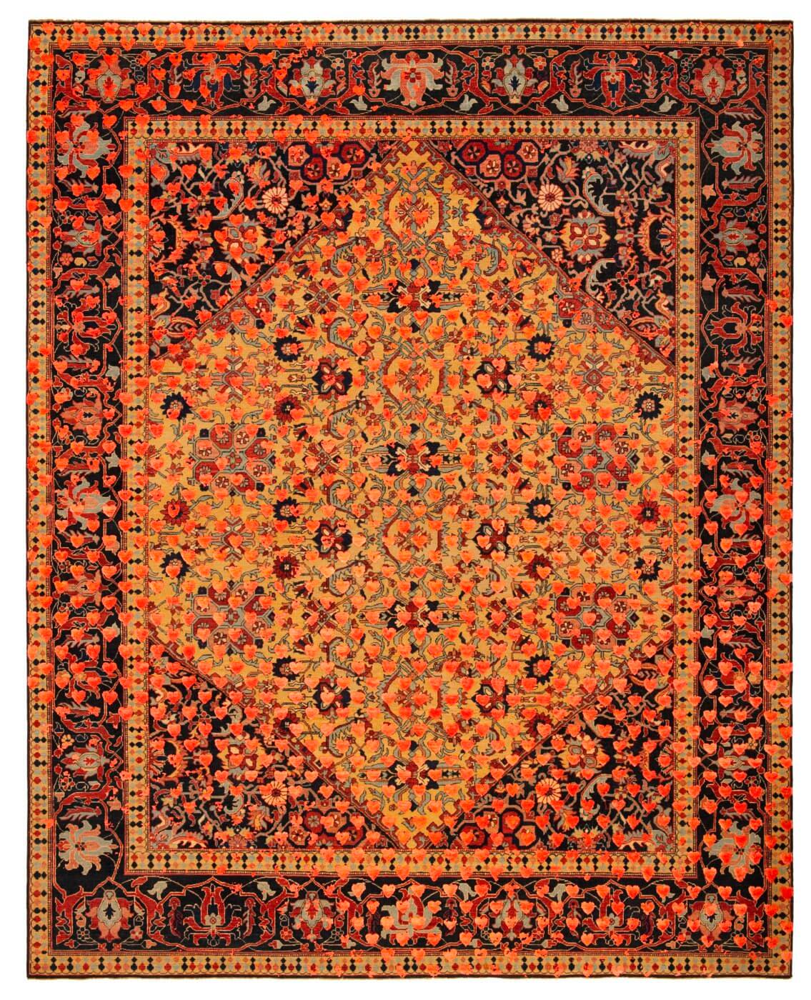 Serapi Queensbury Broken Heart geel neonoranje zijden vloerkleed | Maat: 250 × 300 cm