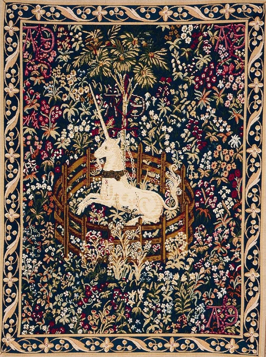 Tapisserie murale Licorne bleue captive avec bordure