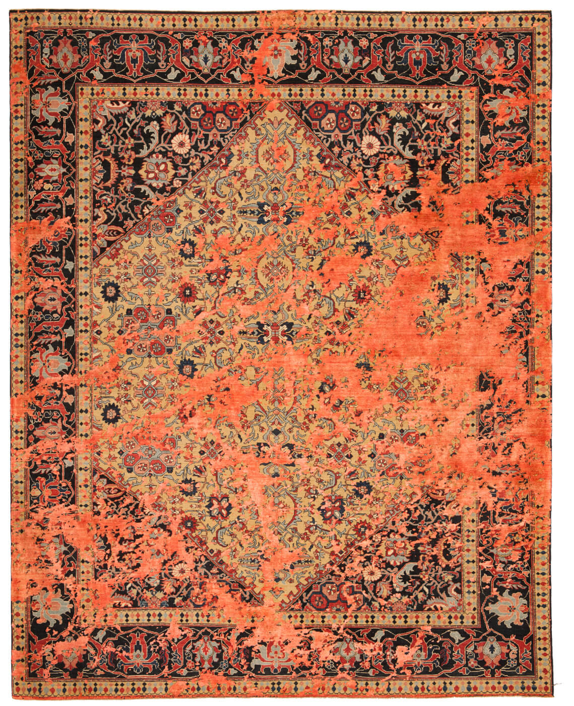 Tapis Serapi Queensbury Sky jaune orange néon en soie | Taille: 200 × 300 cm