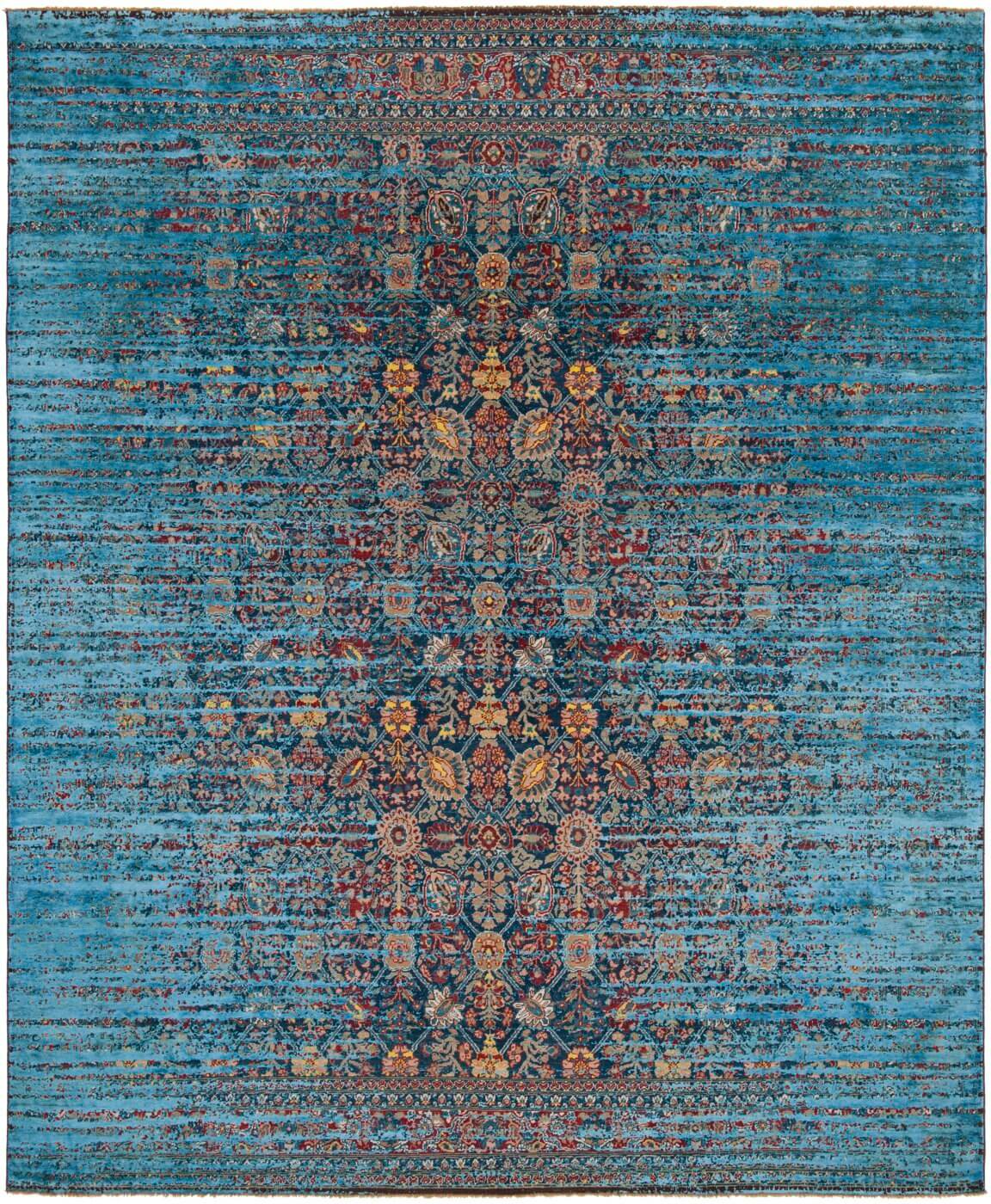Tapis Tabriz Canal Stomped bleu marine bleu en soie | Taille: 300 × 400 cm