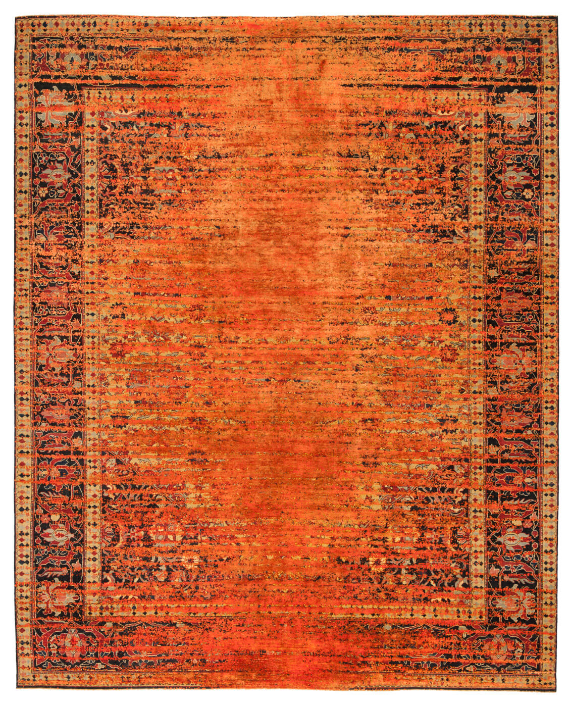 Serapi Queensbury Stomped Reverse geel neonoranje zijden tapijt | Maat: 300 × 400 cm