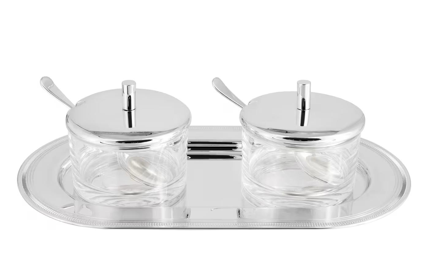 Zilveren jam potjes duo met serveerdienblad