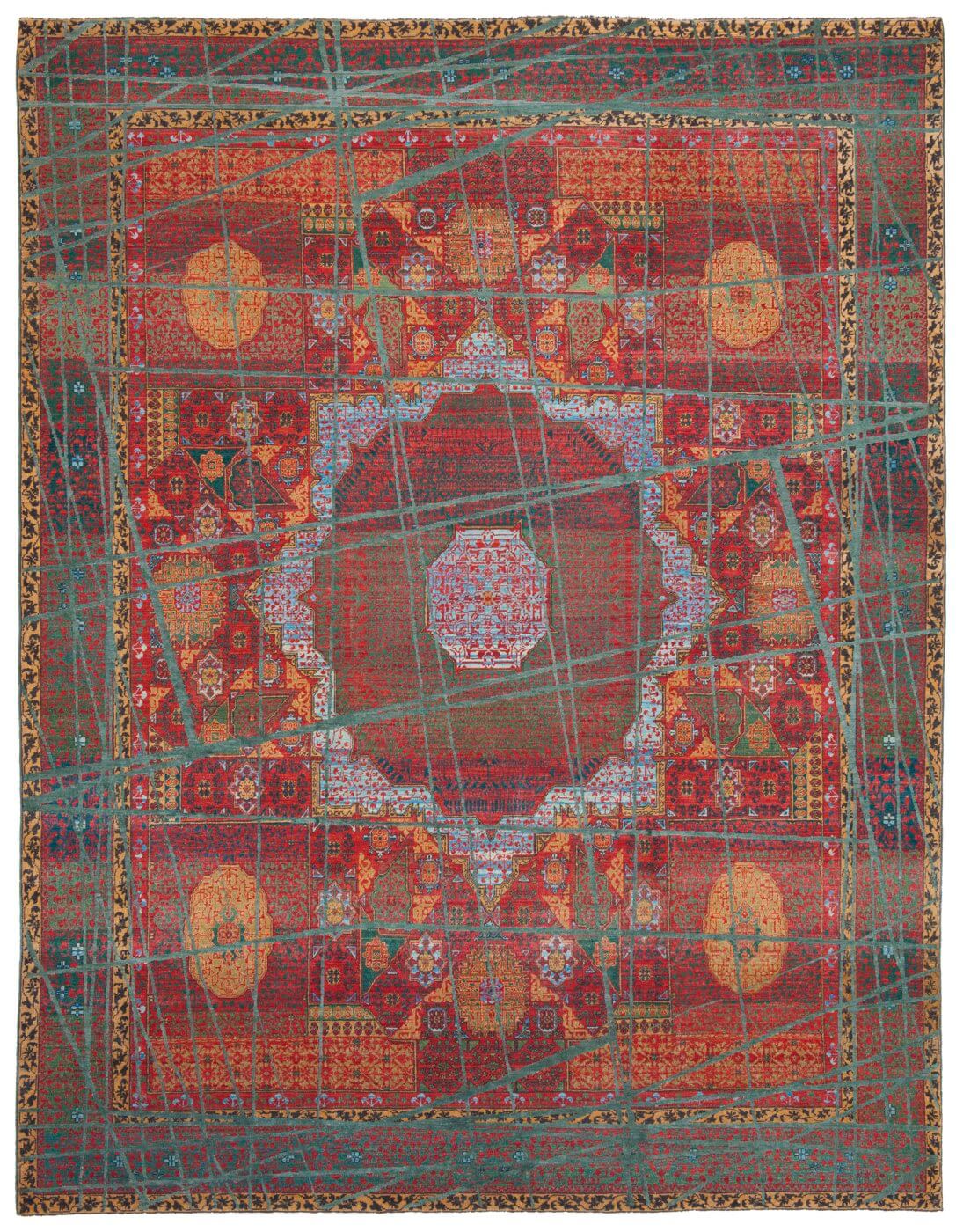 Tapis Mamluk Columbus Wrapped rouge gris en lin