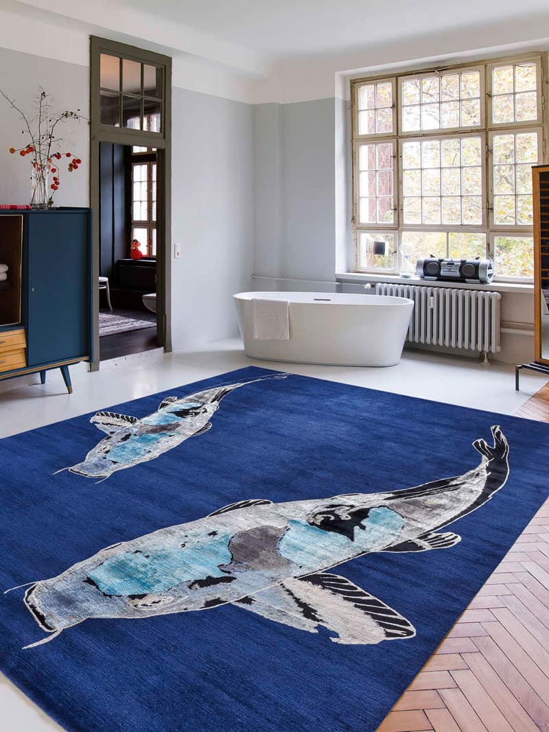 Tapis de luxe noué à la main Fish bleu