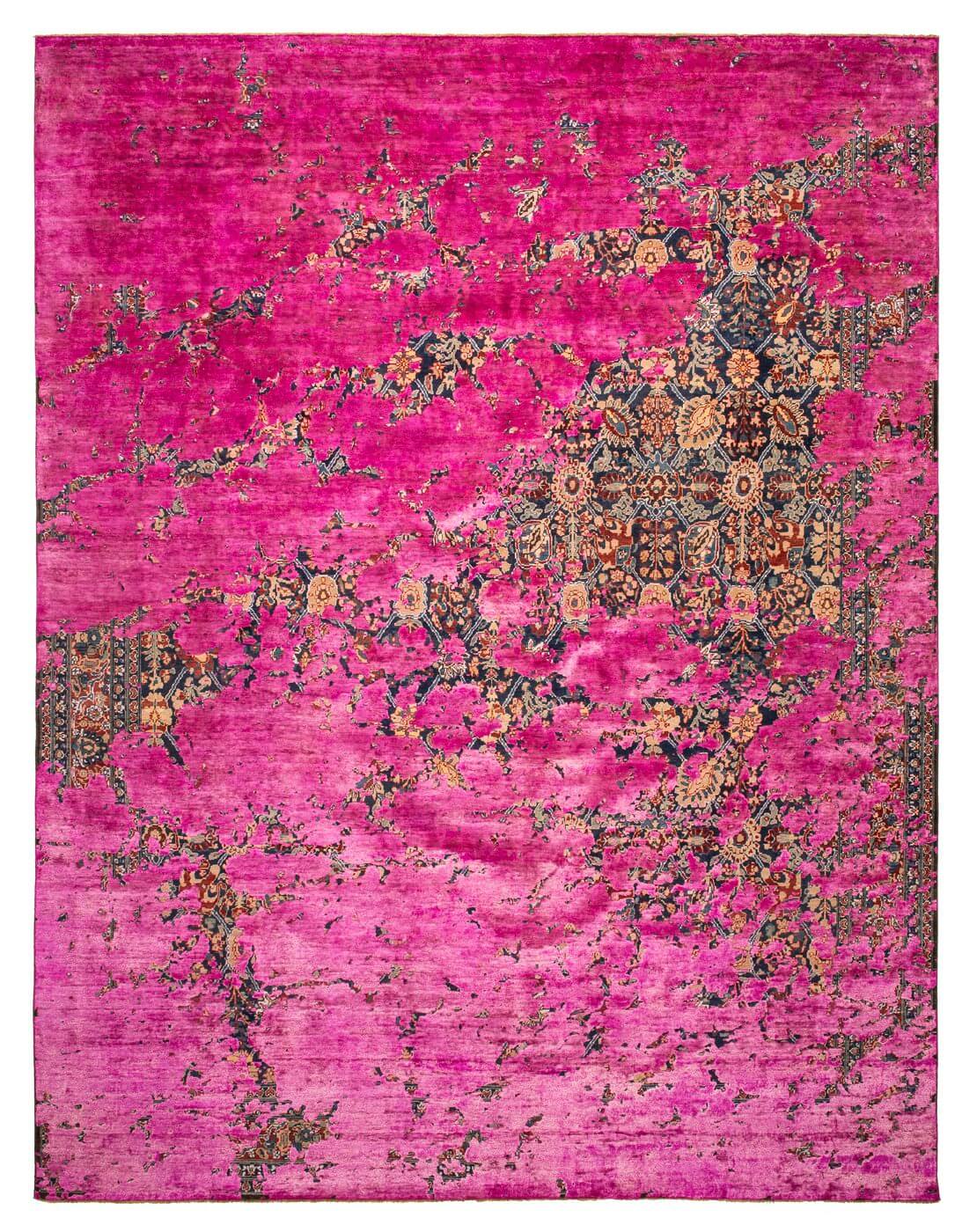 Tapis Tabriz Canal Aerial bleu marine rose néon en soie