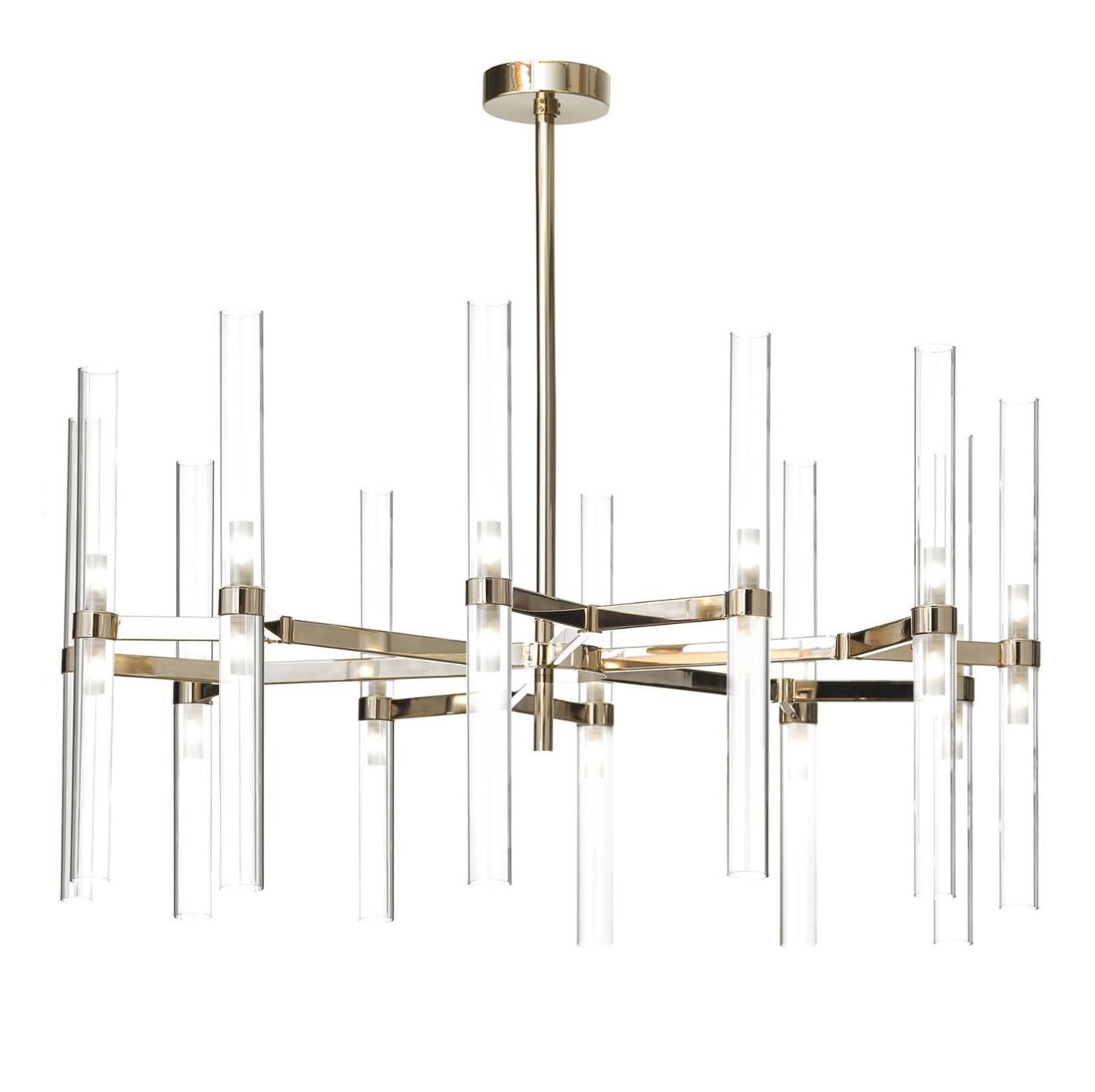 Lustre 24 lumières en cylindres de verre or doux