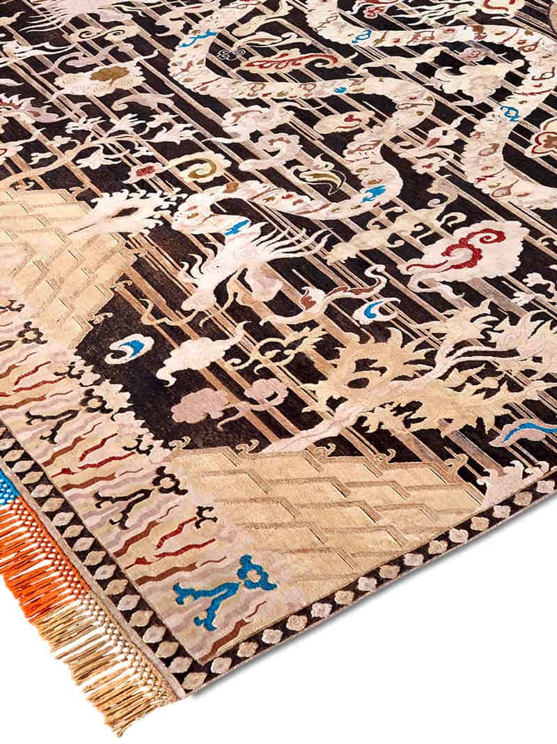 Dragon zwart goud handgeknoopt vloerkleed | Maat: 365 × 457 cm