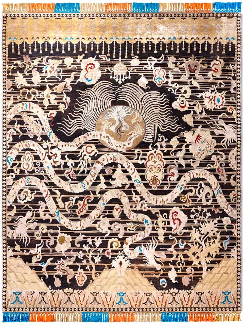 Tapis noué à la main Dragon noir et or | Taille: 305 × 427 cm