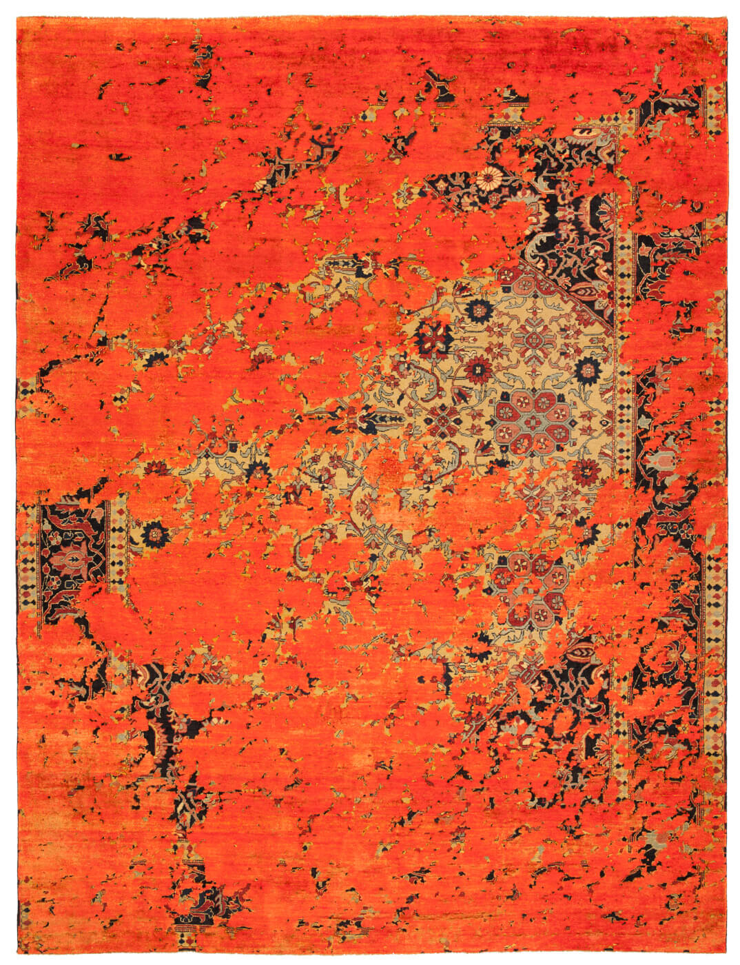 Tapis Serapi Queensbury Aerial jaune orange néon en soie | Taille: 250 × 300 cm