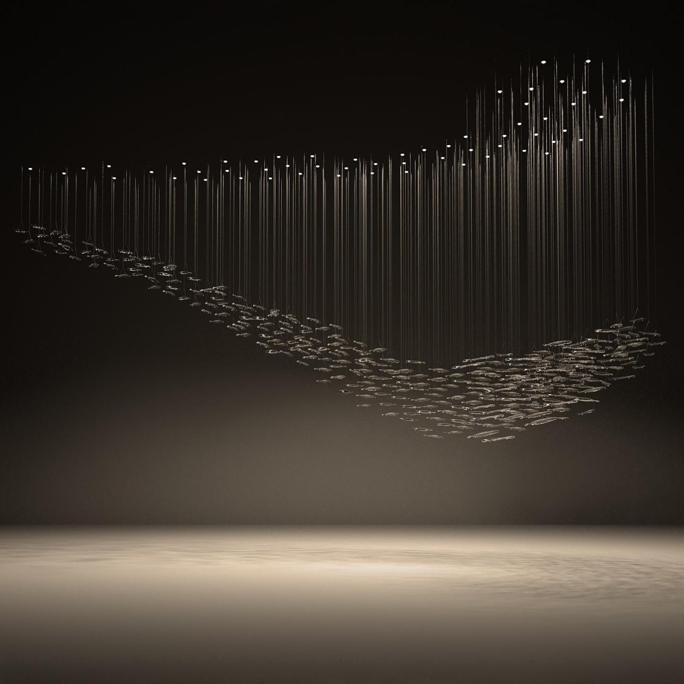 Lustre cascade en feuilles de verre