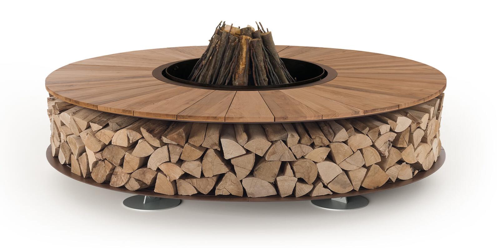 Zero hout vuurplaats | Afwerking: Oud hout | Afmetingen: Ø 200 cm