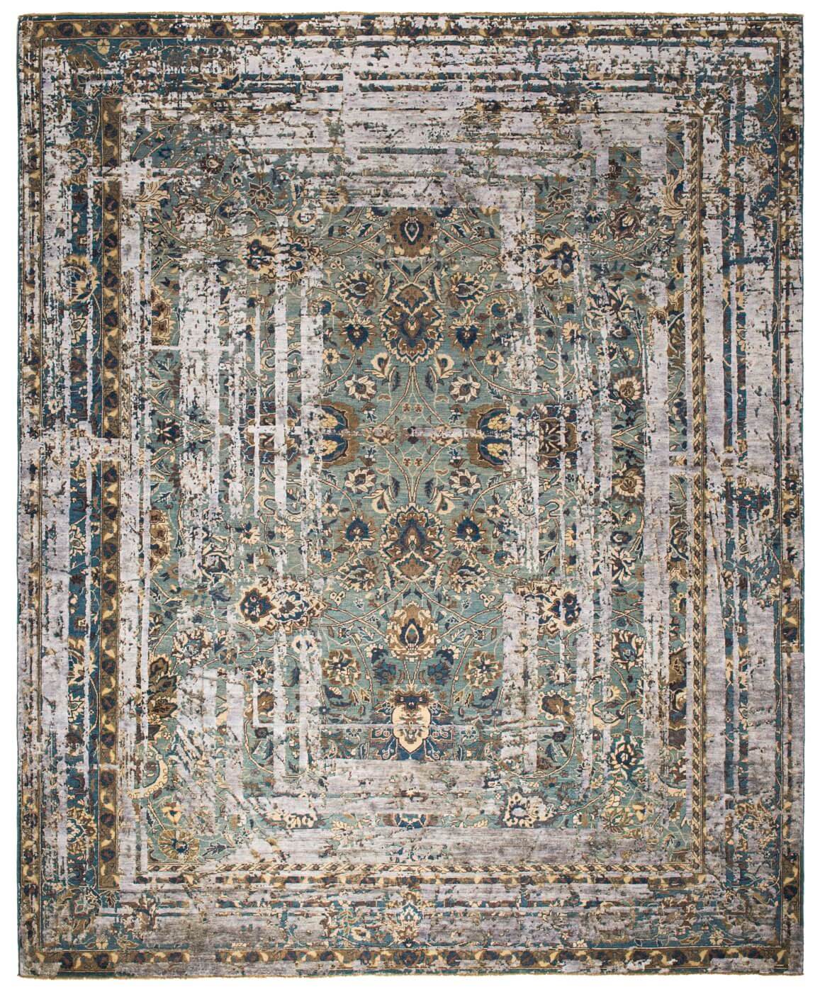 Tapis Kirman Flower Frame vert gris foncé en soie | Taille: 250 × 300 cm