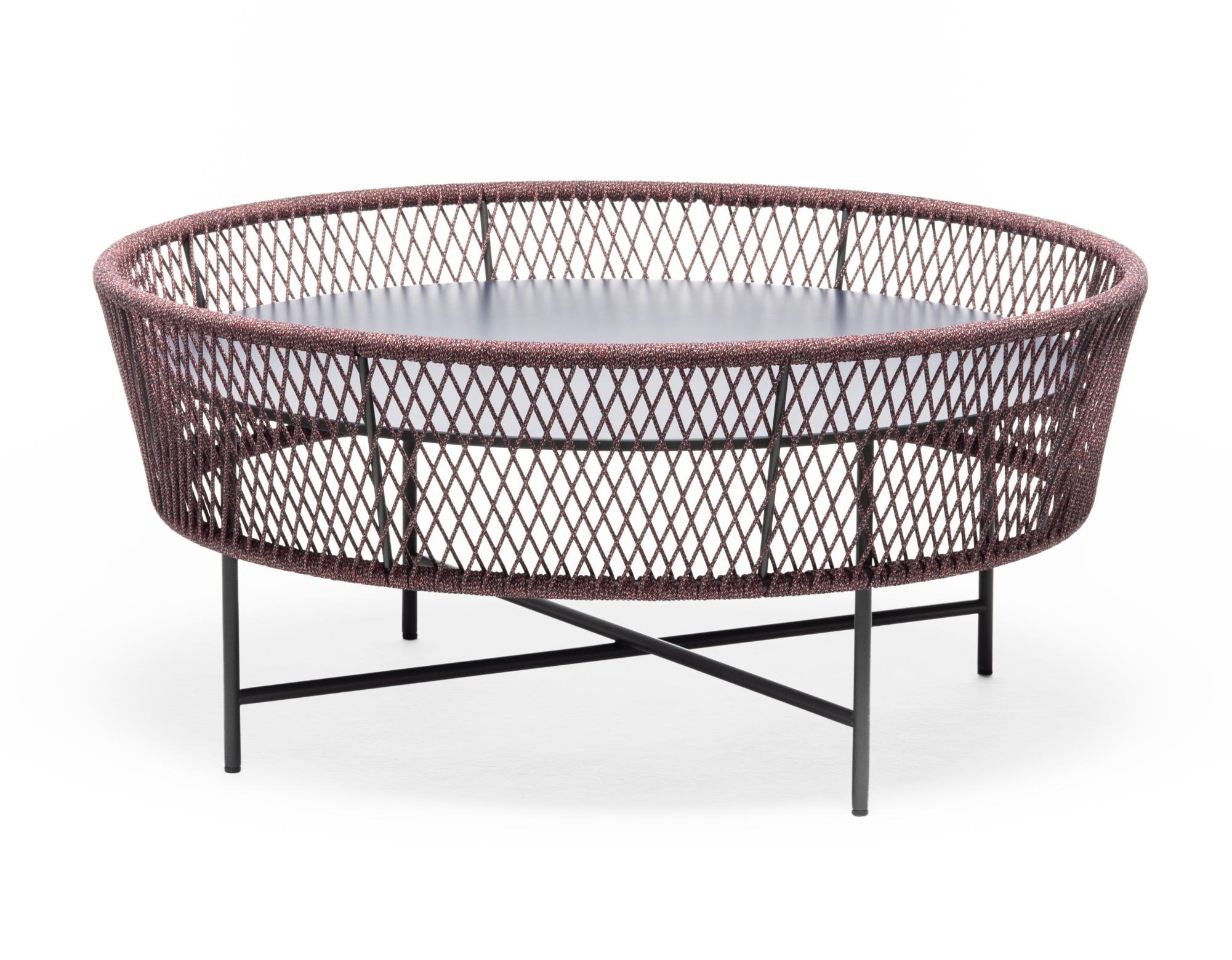 Table basse d'extérieur ronde Tamburo Bleue et Rouge