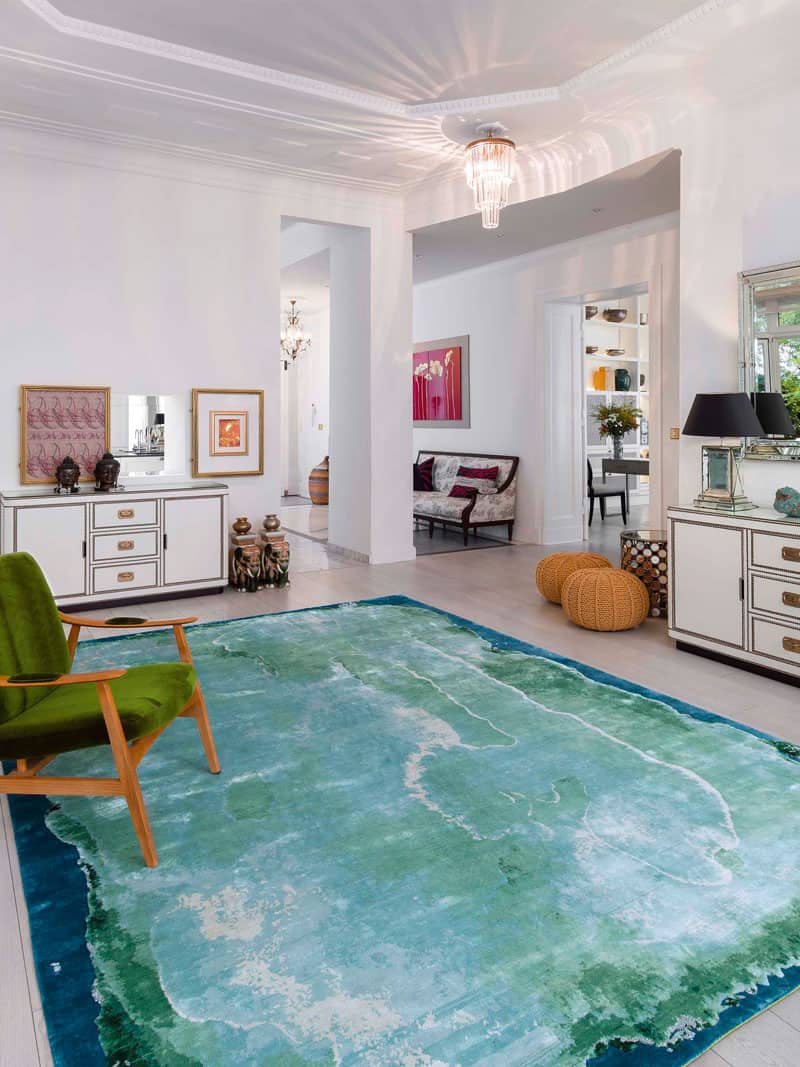 Mono turkoois luxe handgeknoopt vloerkleed